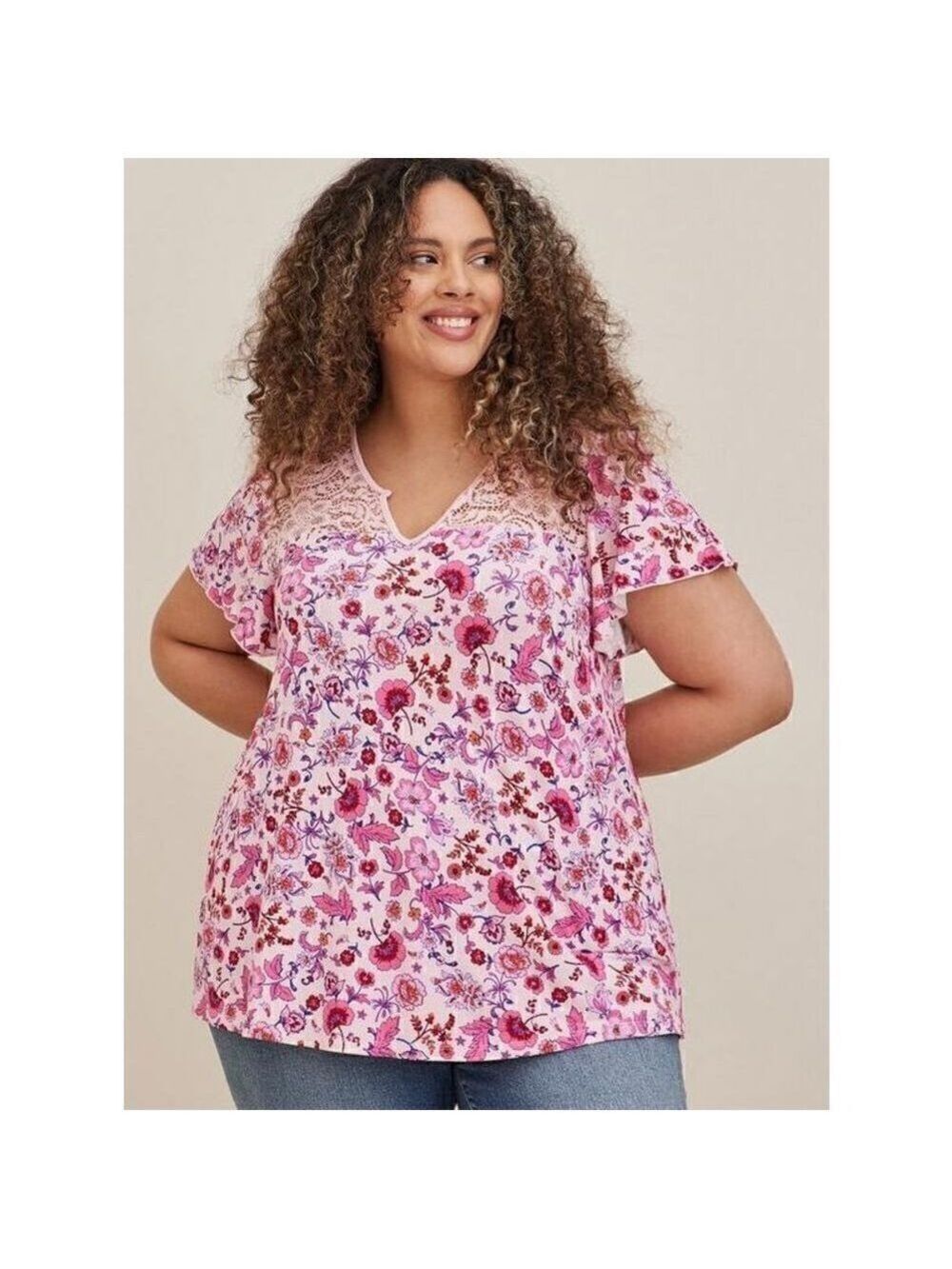 Torrid Knit Jersey Slub Lace Yoke Flutter Sleeve Top (Sz 2)